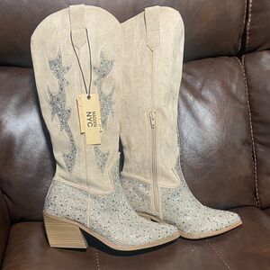 Madden NYC Women's Crystal Embellished Beige Western Heeled Boots